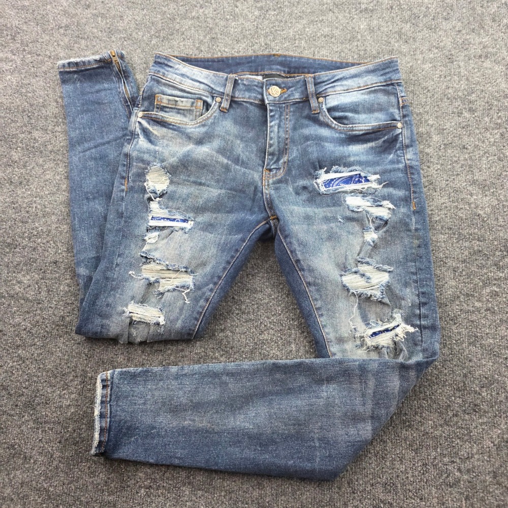 YoungLA Distressed Skinny Jeans Paisley Patch Ankle Zip Denim 32x30 Blue Mens